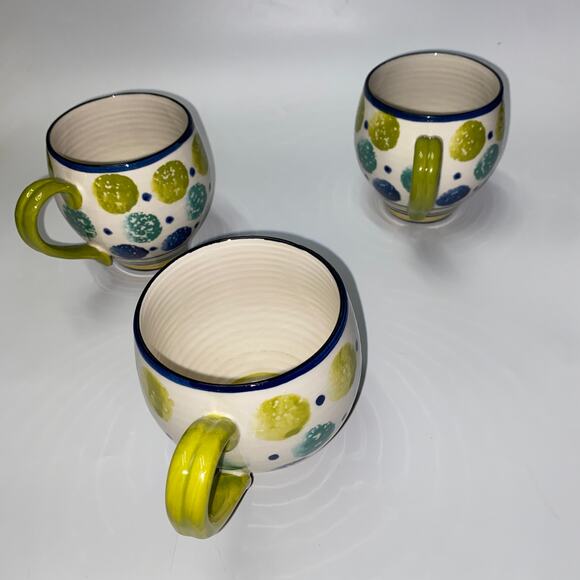 3 Anthropologie Bubble Shaped Kantha Spongeware Dots & Stripes Coffee Tea Mug - Picture 3 of 8